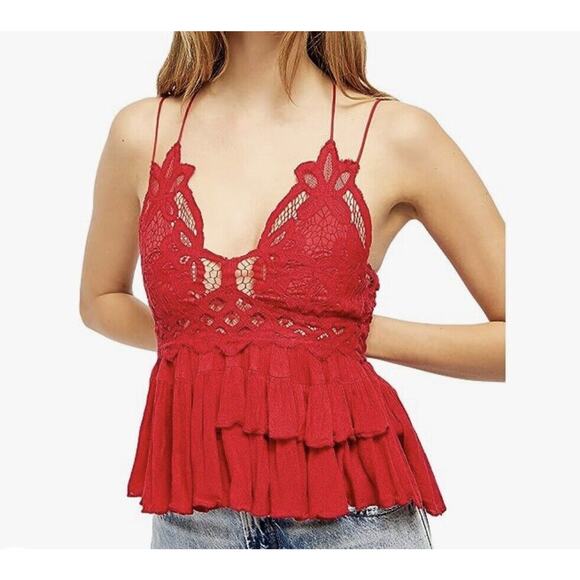 Free People Intimately Large Adella Cami Top Cherry Red Ruffled Crochet Lace - Picture 1 of 8